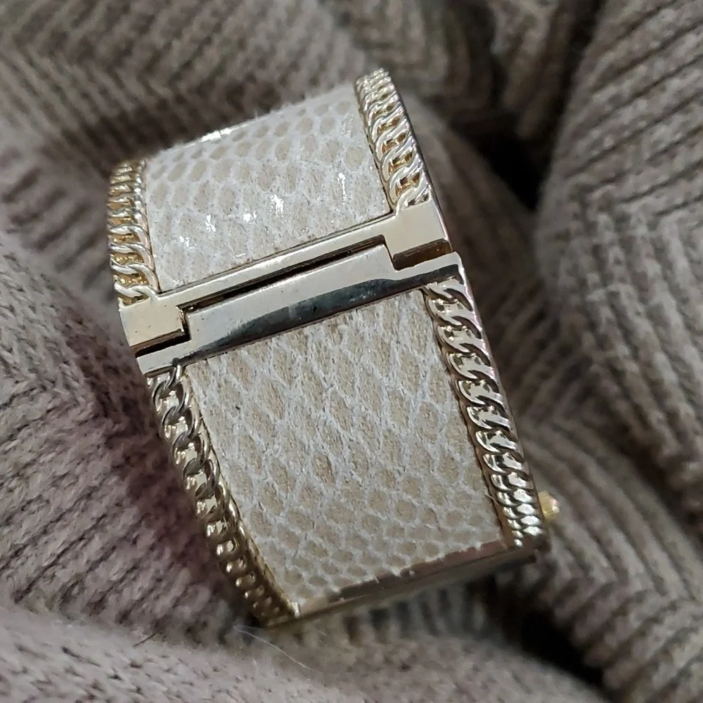 STUDIO TIME QUARTZ WATCH ANIMAL PRINT WIDE CUFF HINGE CREAM GOLD TONE